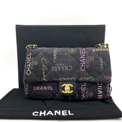 CHANEL 샤넬데님 로고프린팅 스몰플랩체인 숄더백 AS3134